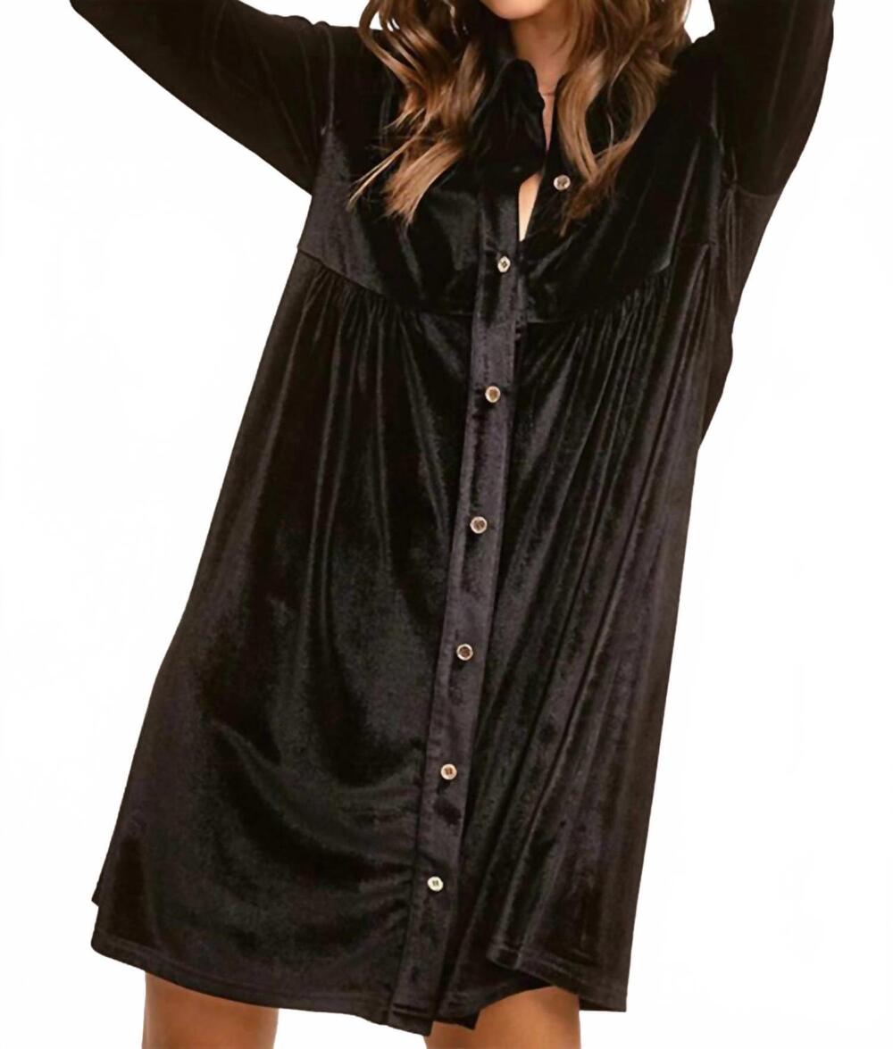 NEW LA MIEL velvet mini shirt dress in black